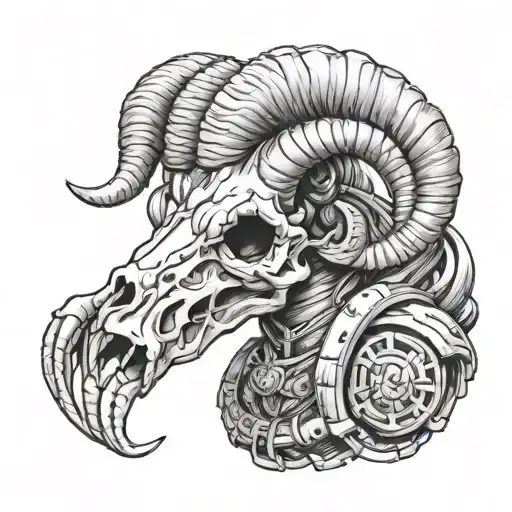 Ram Skull Long Horns Holding An Topless Female Warrior