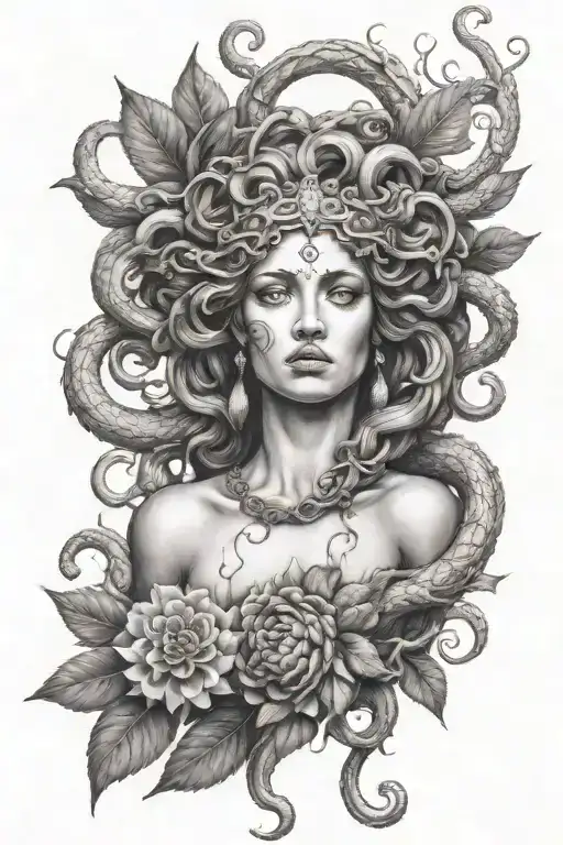 A Medusa Gorgona Inspired Tattoo Incorporating Elements Of Greek Mythology