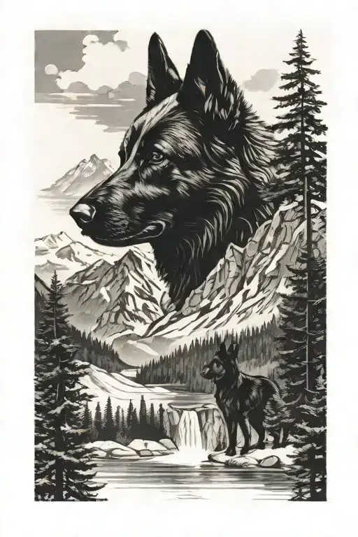 Black German Shepperd Sillouthe With Bavarian Alps And Mountain Lake And Fir Forest
