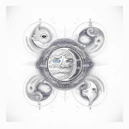 An Abstract Design Incorporating Travel Elements And The Sun And Moon