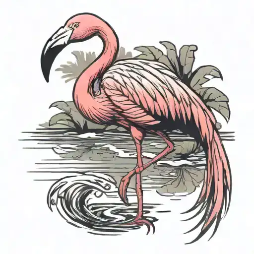A Traditional Style Tattoo Of A Flamingo Standing Gracefully In Water