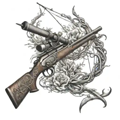 An Intricate Design Featuring A Rifle Intertwined With Fishing Hooks And Outdoor Scenery
