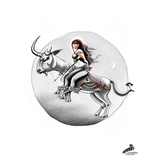 Female Archer Riding A Bull Under Full Moon