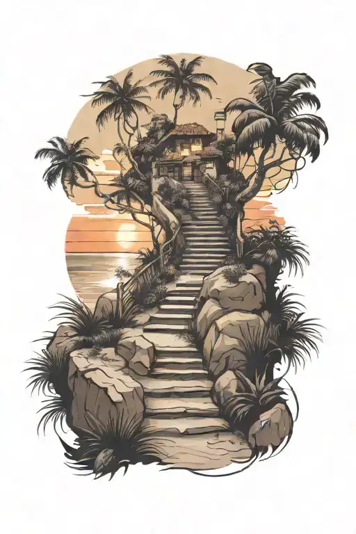 A Winding Staircase Leading To A Beach With Hikers And A Sunset In The Distance
