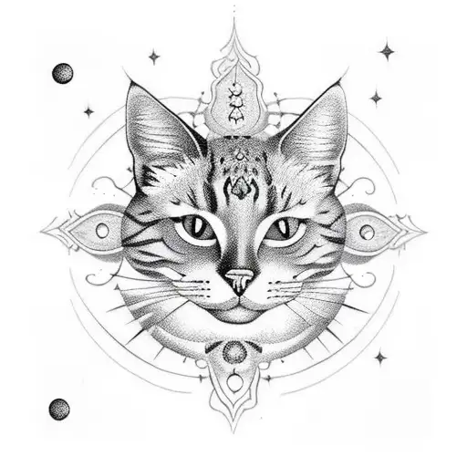 A Blackwork Tattoo Of A Moon And Stars Forming The Shape Of A Cat
