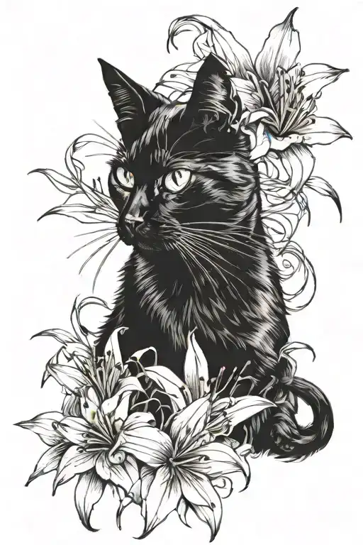 Black Cat Portrait And Spider Lily Flower Background