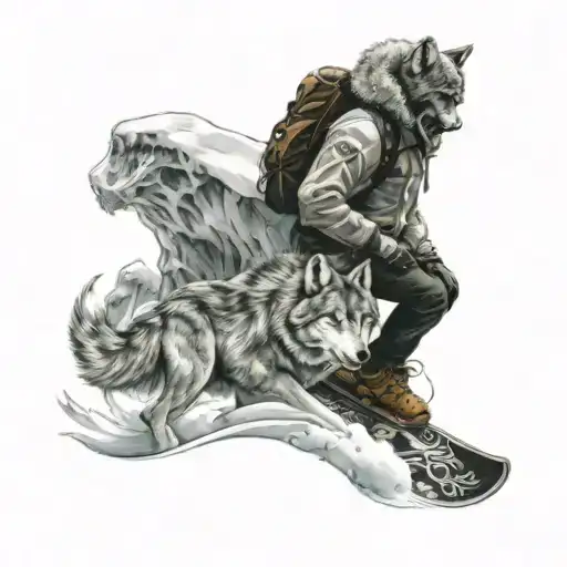 A Snowboarder Riding A Majestic Wolf Down A Mountain