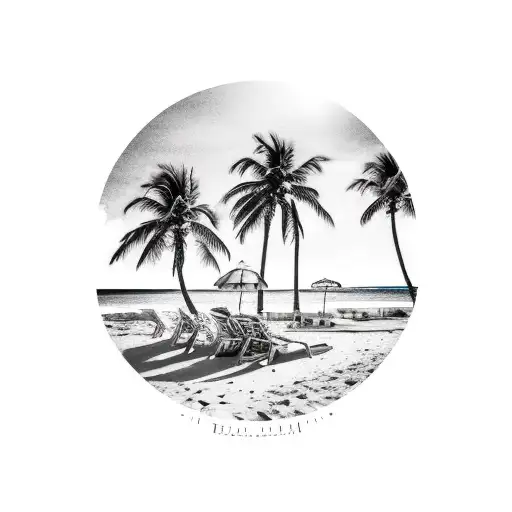 A Beach Scene With Crashing Waves And Palm Trees
