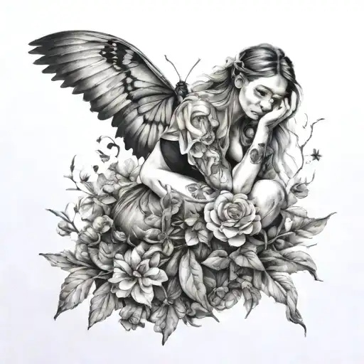 Hurt Female Sitting In A Peaceful Garden Full Of Trees And Flowers