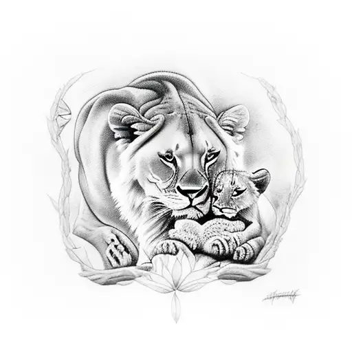 A Realistic Portrait Of A Lioness Tenderly Cradling Her Cubs In Her Paws