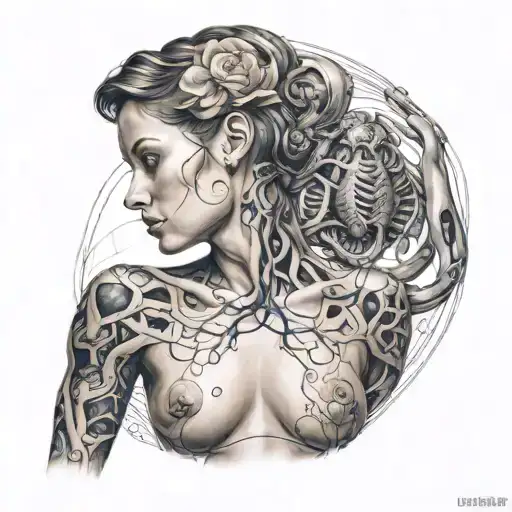 A Realistic Portrait Of A Nude Figure Intertwined With Abstract Representations Of Sexual Organs