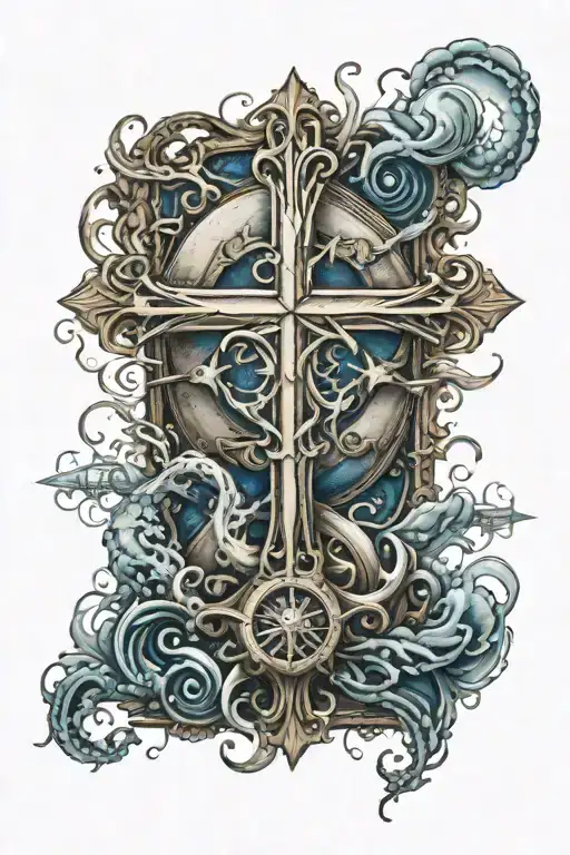 Nautical Cross Surrounded By The Deep Ocean