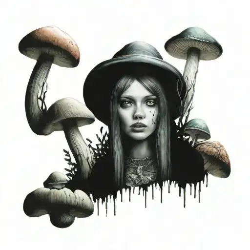 Psychedelic Mushroom Forest With A Smoking Girl Gothic In The Center