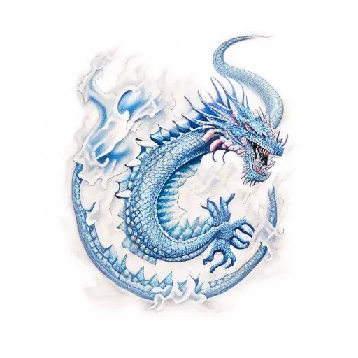 A Realistic Dragon In Shades Of Blue And Pink Breathing Fire