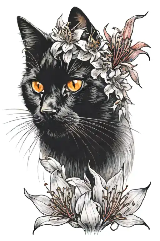 Black Cat Portrait And Red Spider Lily Flower Background