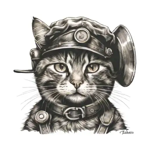 Black And Brown Cat Wearing A Mechanic's Hat Sitting