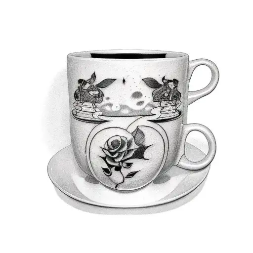 A Black And Grey Tattoo Of A Coffee Mug With A Quote From A Favorite Anime Series
