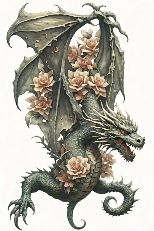 Full Body Dragon With Wings Spread Wide In Flowers