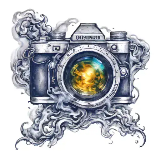 A Camera Lens Surrounded By Swirling Smoke And Melting Elements