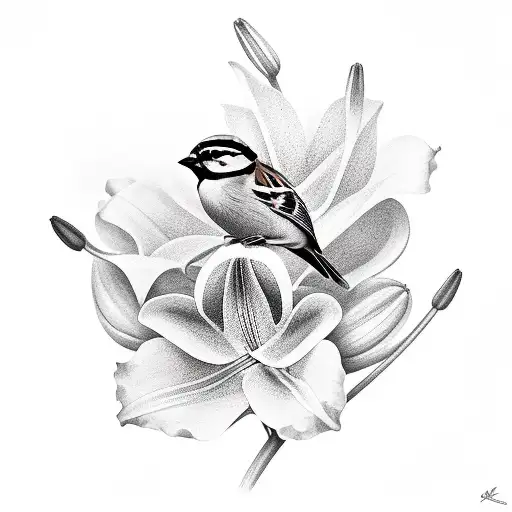 Sparrow Holding A Lily
