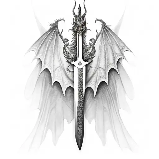 Dragon Flaring Wings Wrapped Around A Sword