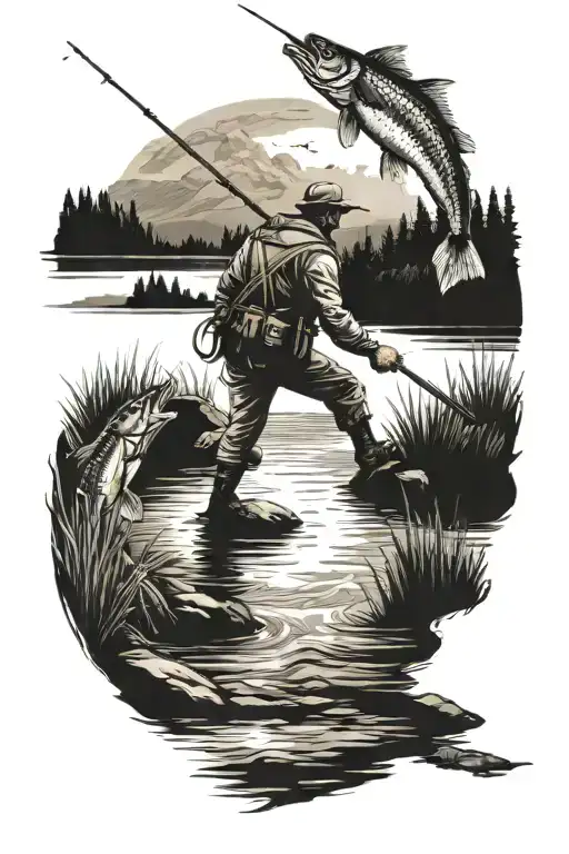 A Lake With A Fisherman Casting A Line