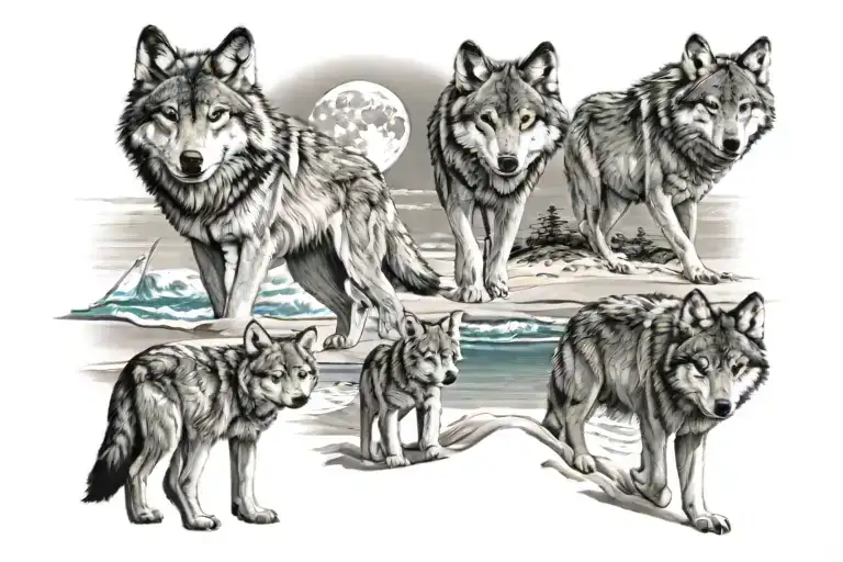 Male Wolf With Three Cubs Walking Along Beautiful Beach The Moon