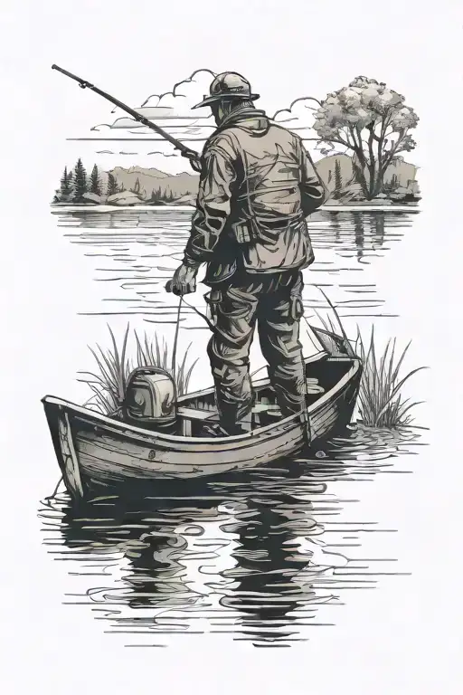 A Lake With A Fisherman Casting A Line In A Boat