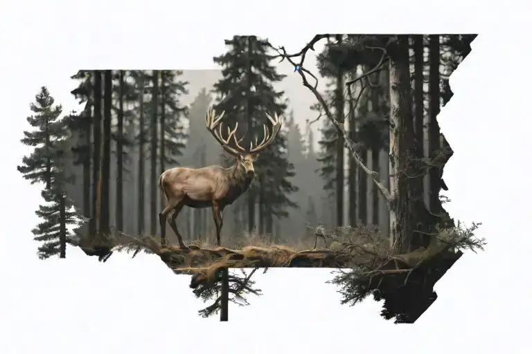 A Stag Walking Through A Dense And Tall Pine Forest