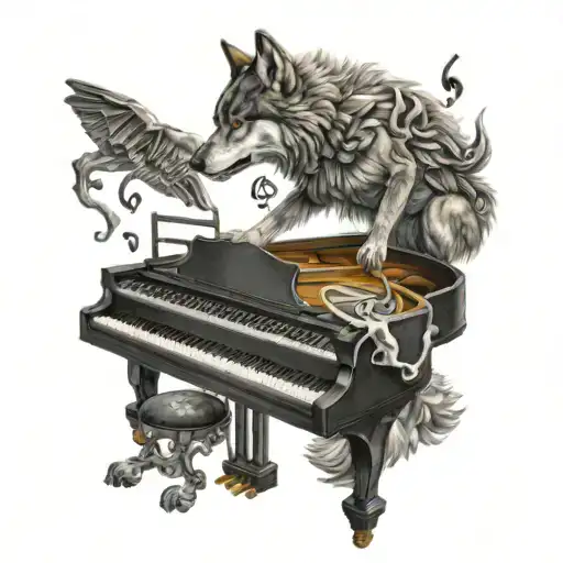 A Realistic Depiction Of A Wolf Playing A Grand Piano While Surrounded By Dancing Figures