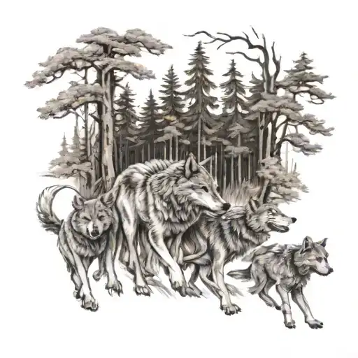 A Traditional Style Tattoo Of A Wolf Leading A Pack Of Dancing Wolves Through A Forest