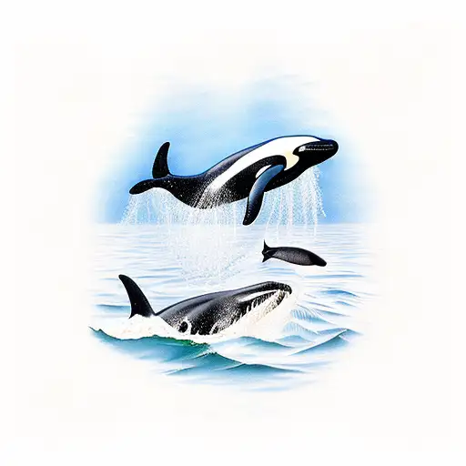 Orca Whale In Water With Duck Flying Above