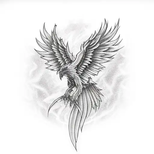 Greyscale Phoenix In Flight With Flame Outline In Slight Color