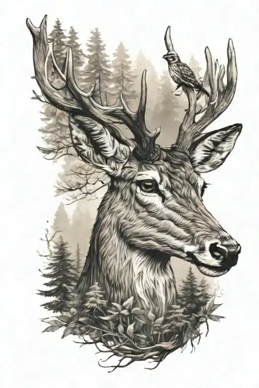 Deer With A Bird With A Forest On The Background