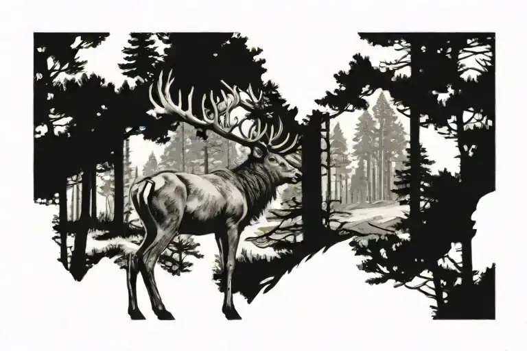 A Stag Walking Through A Dense Pine Forest