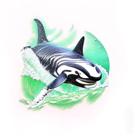 Orca Whale In Water With Green Duck Above