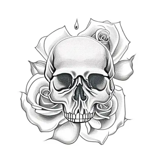 Skull With Rose With Two Daisies With Morning Glory