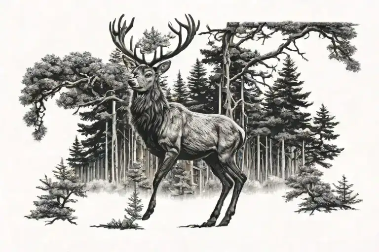 A Stag Walking Through A Dense Pine Forest