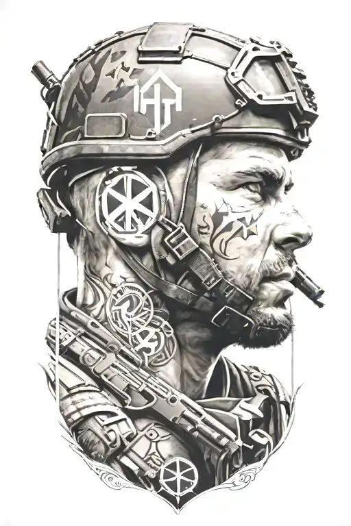 A Realistic Portrait Of A Soldier With The Igy6 Symbol Incorporated Into The Background