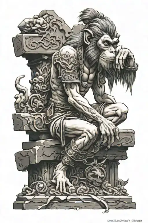 Monkey King Kneeling With Grave Stones In The Back Ground