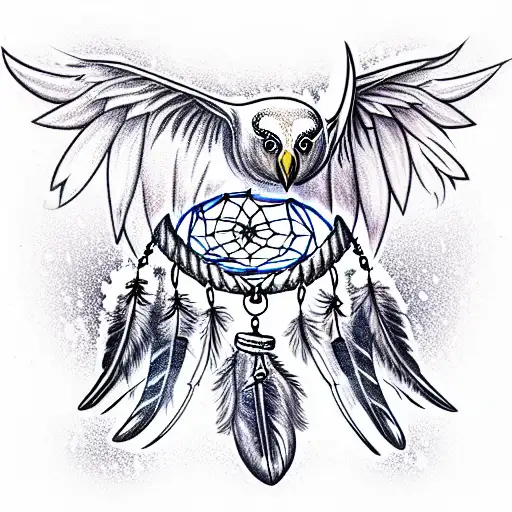 Snow Owl With Wings Spread And Talons Showing With Dream Catcher Backgroundck
