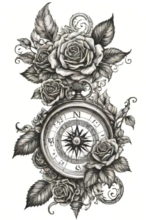 One Antique Compass Surrounded With Black Roses