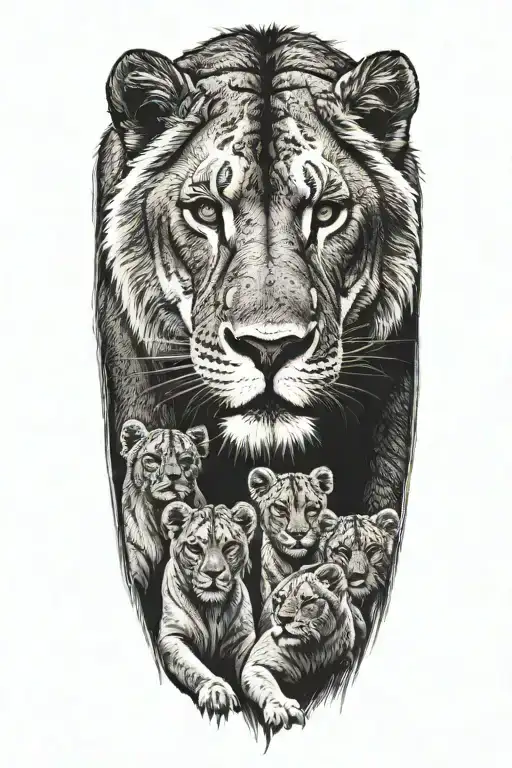 Lioness And 7 Cubs