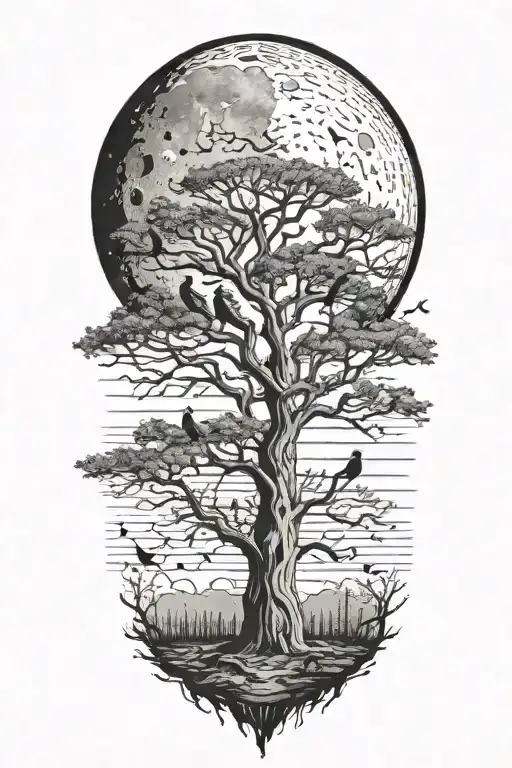 Tree With Birds Sitting In It And Moon In The Background