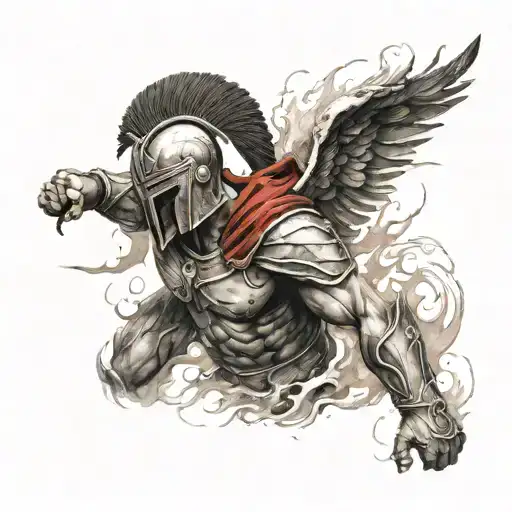 Spartan Warrior Bloody With A Fiery Phoenix Rising From The Ashes