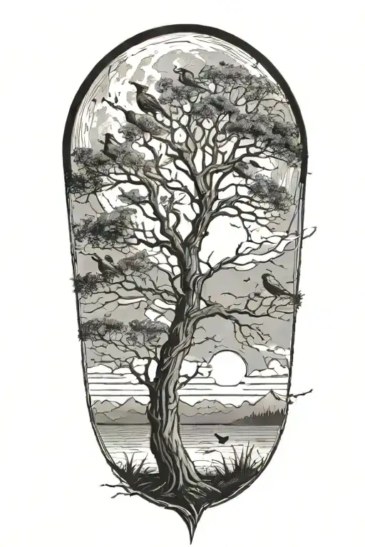 Tree With Birds Sitting In It And Moon In The Background