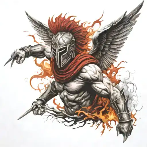 Spartan Warrior Bloody With A Fiery Phoenix Rising From The Ashes