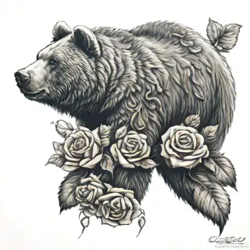 Bear With Roses In Mountains