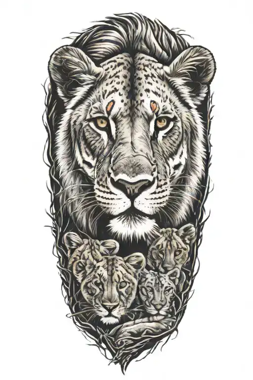 Lioness And 7 Cubs