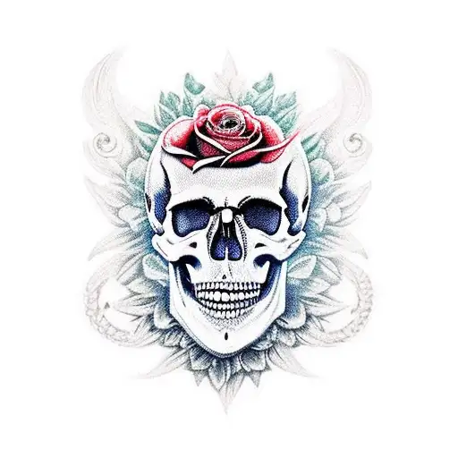 Skull And Roses Intricate Comprehensive Fangs Vivid Detailed Stoic